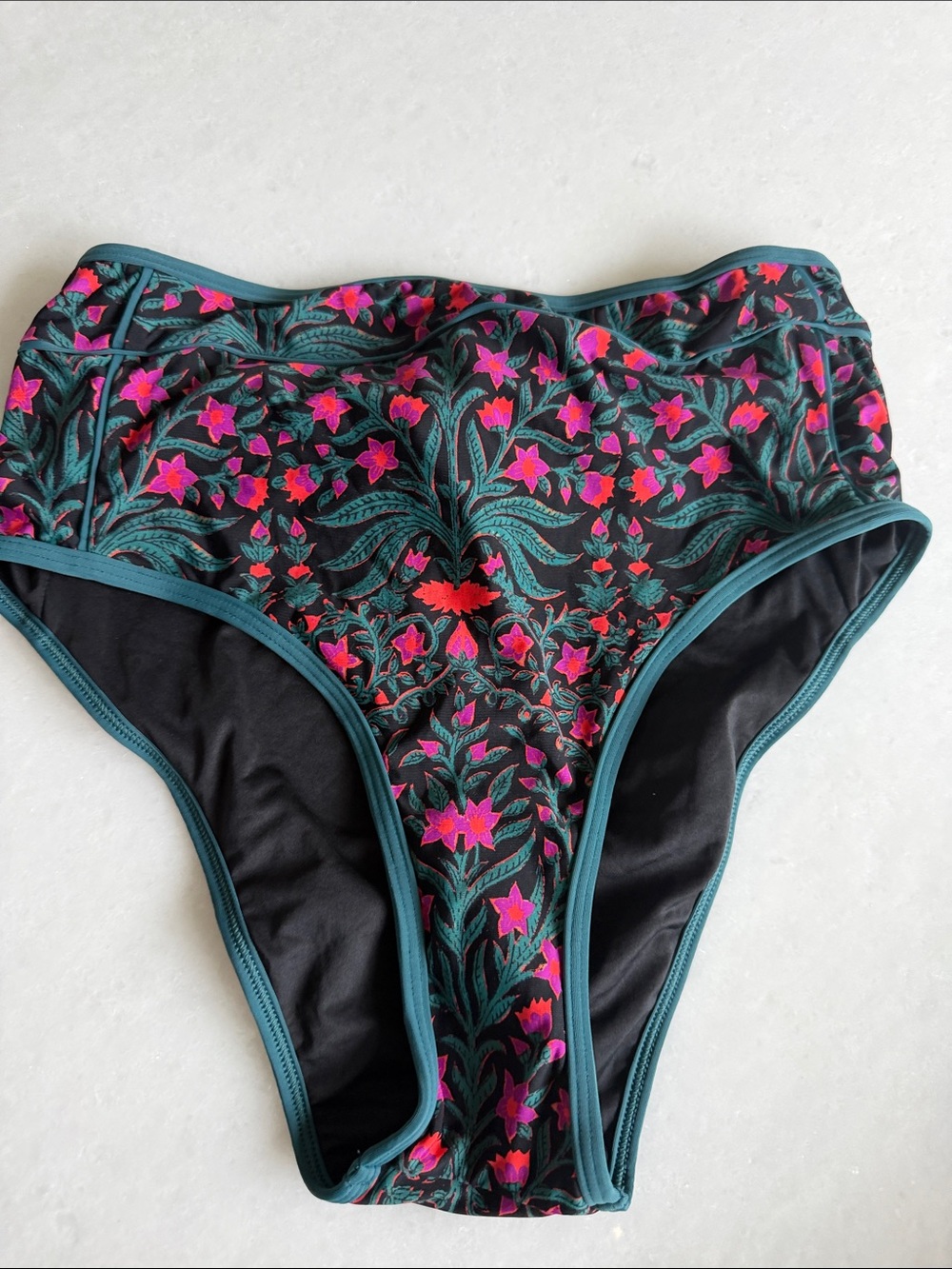 Roller Rabbit High-Waist Floral Swim Bottoms in Black, Teal, Pink